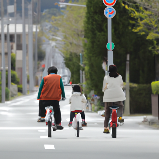 משפחה רוכבת יחד על אופניים ברחוב שקט