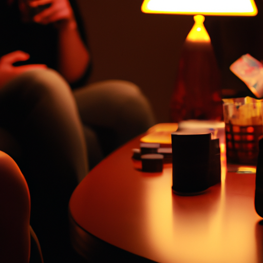 חדר נעים עם אורות עמומים, משקאות, חטיפים וחברים צוחקים סביב שולחן הפוקר