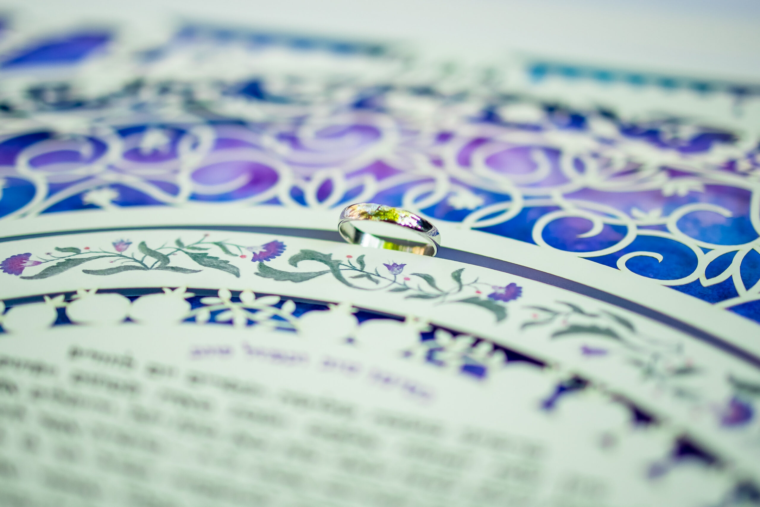 A close-up shot of a beautifully decorated traditional Ketubah