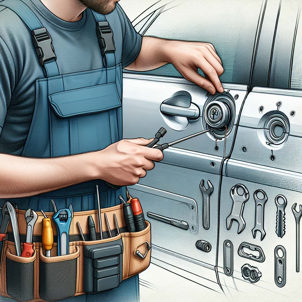 תמונה של מנעולן מתקן מנעול רכב עם כלי עבודה מקצועיים.